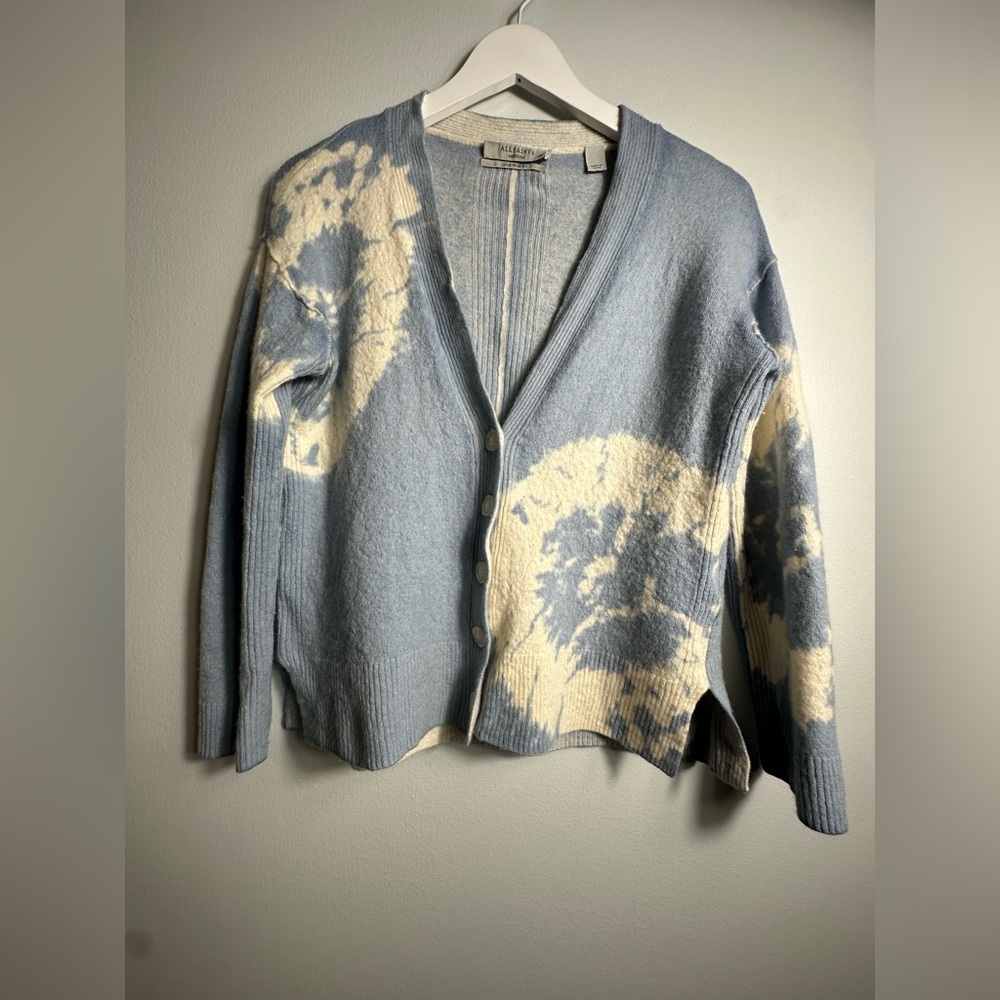 AllSaints Marea‎ Tie Dye Merino Wool Cardigan in Blue Women's  Luxury Sz Medium - Picture 10 of 17